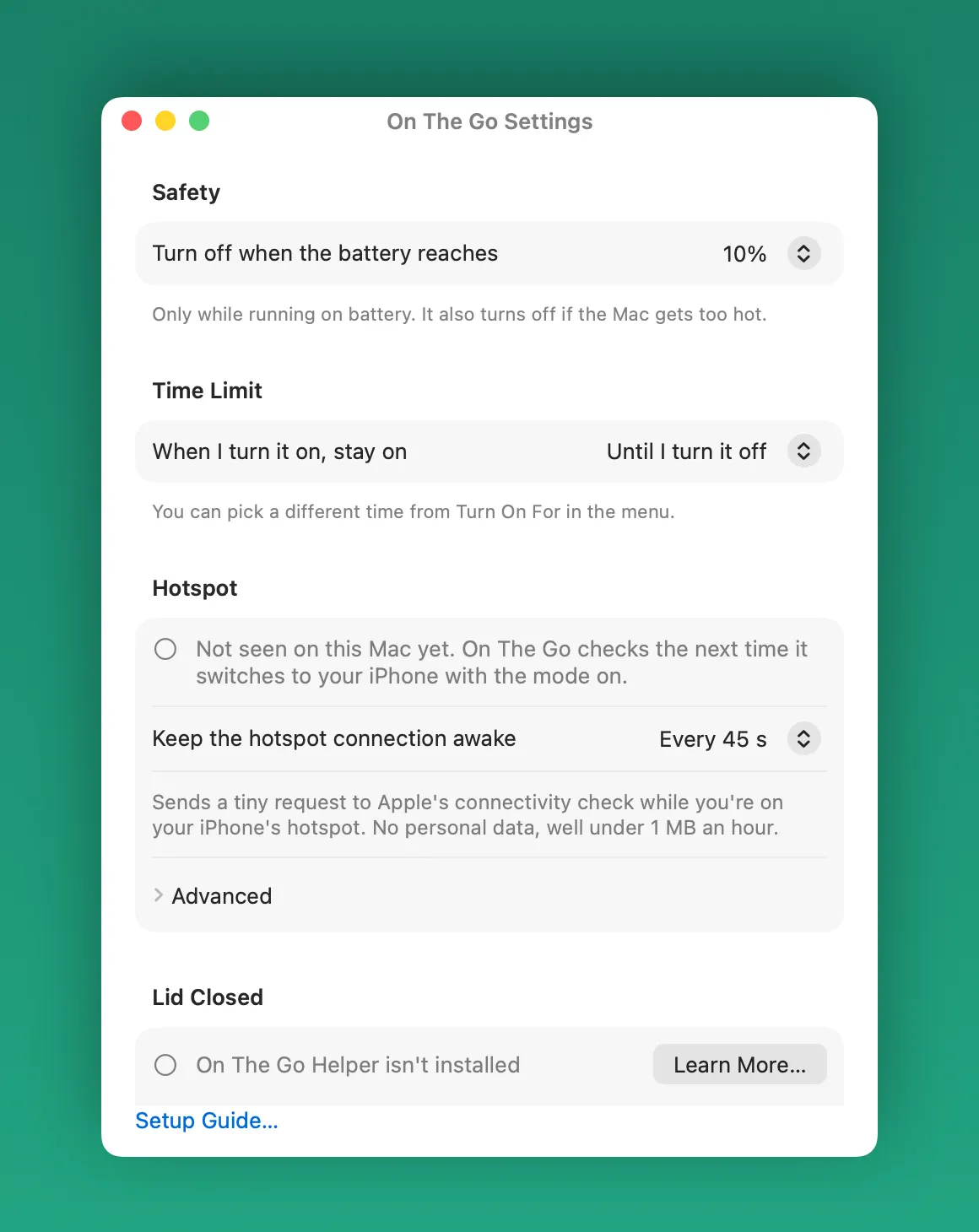 On The Go Settings: turn off when the battery reaches 10%, a time limit picker, the hotspot connection check every 45 seconds, and a Lid Closed section.