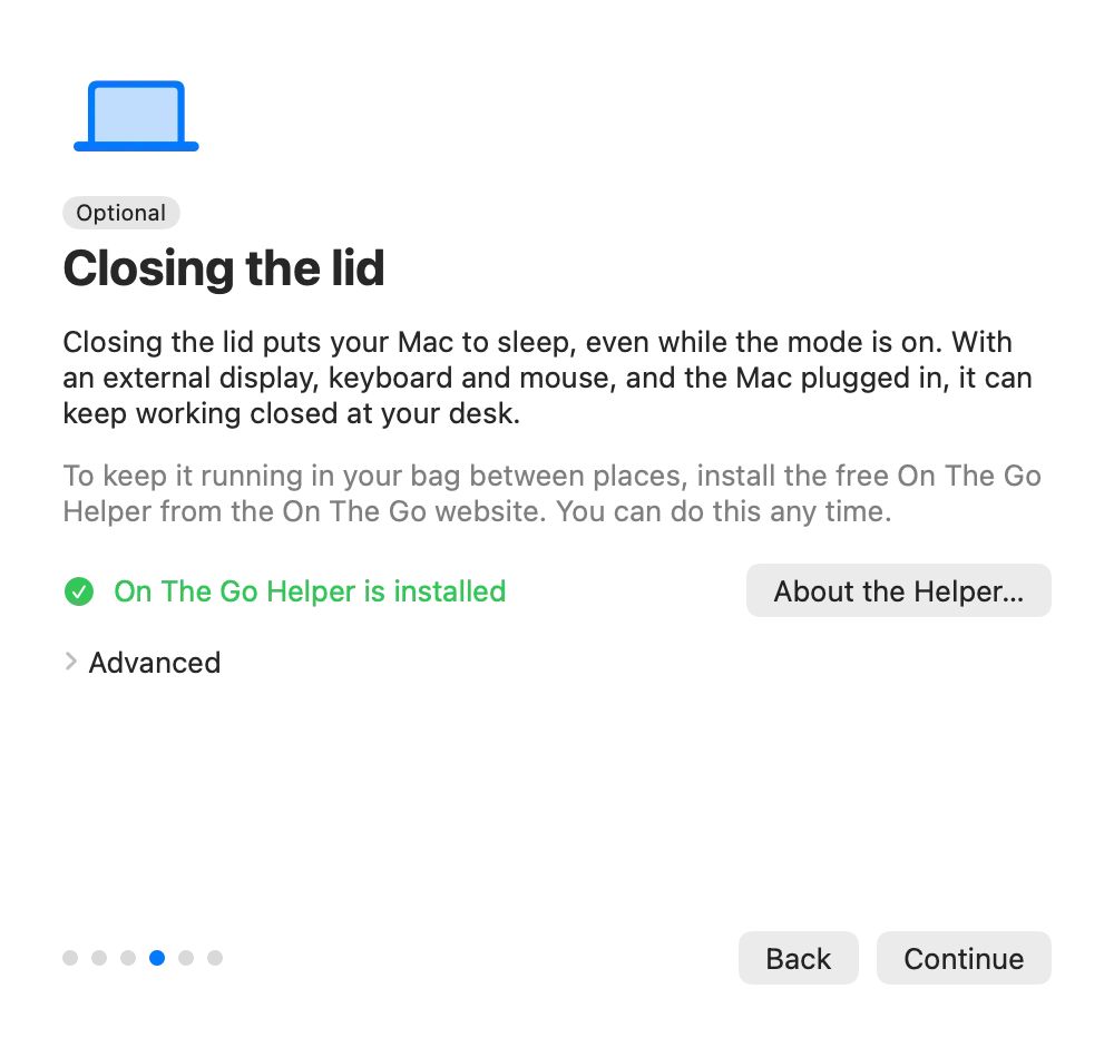 The setup guide's optional Closing the lid page, explaining that closing the lid puts the Mac to sleep, with On The Go Helper is installed shown in green.